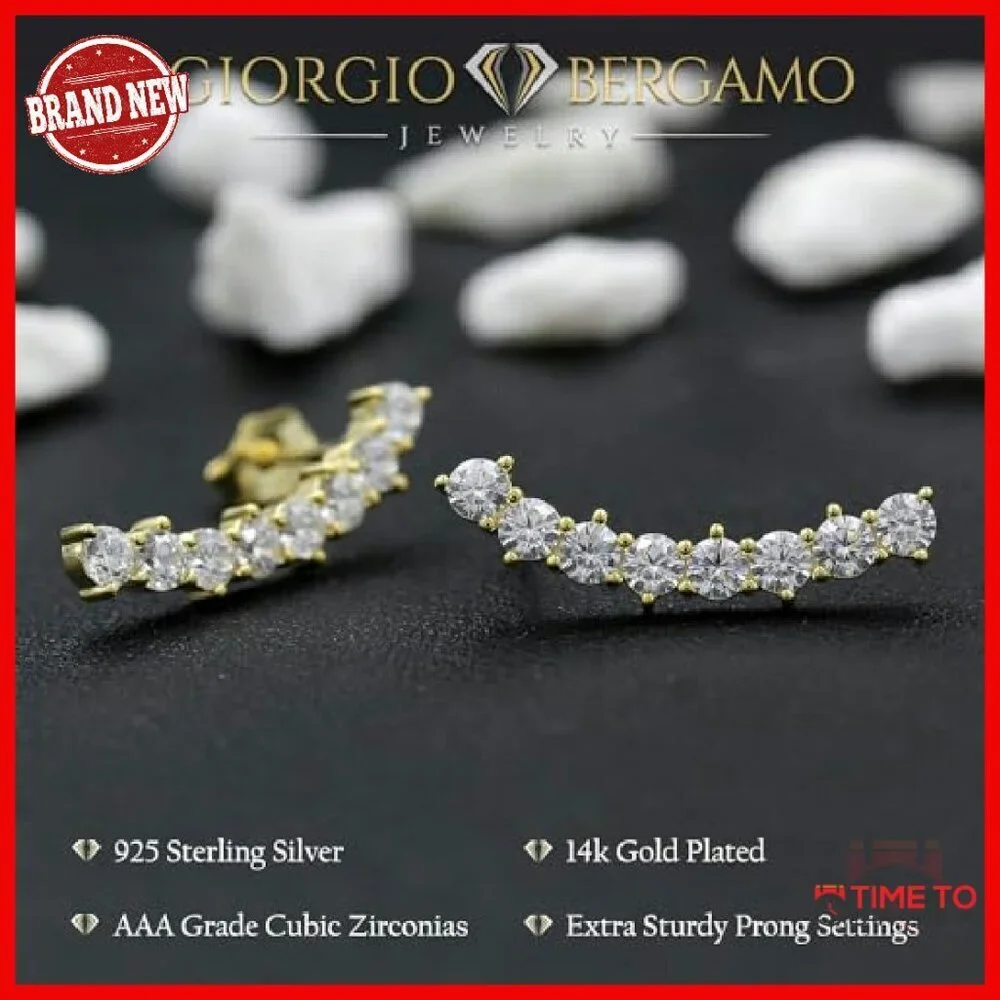 925 Sterling Silver Curved Bar Ear Climber Ear Crawler Cubic Zirconia